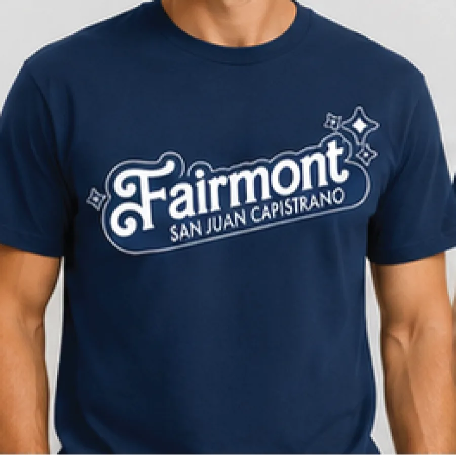 Navy t-shirt with the Fairmont San Juan Capistrano logo in white